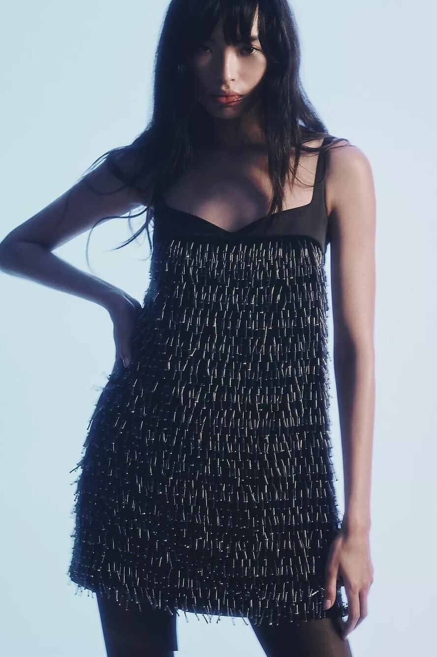 NWT By Anthropologie Sweetheart Fringe Shift Mini Dress $368 SMALL Black BEADED